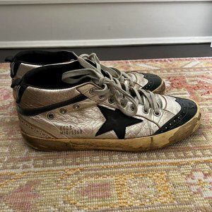 Golden Goose Silver and Black Mid Star Sneakers